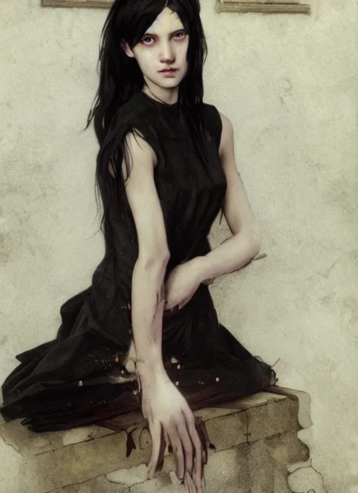 Prompt: a lonely young girl eveline from resident evil 7 with straight long black hair wearing black dress that sitting on bathroom floor, photo for vogue, model エリサヘス s from acquamodels, art by artgem, greg rutkowski and alphonse mucha