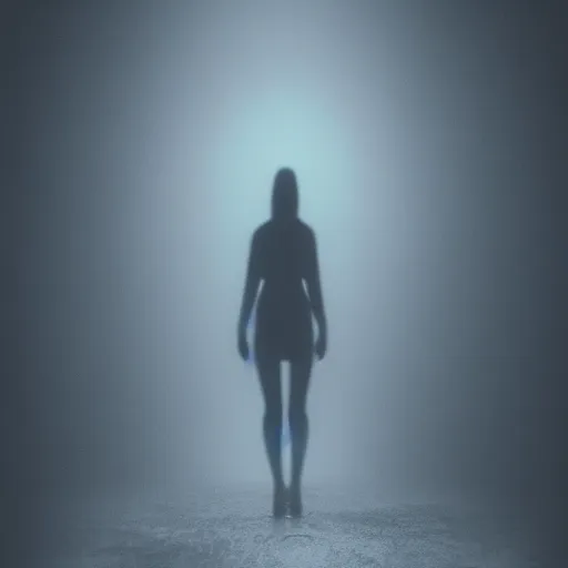 Prompt: dim lights shining through dark fog, emptiness, lonely female figure standing small, psychedelic, spooky found footage, dramatic contrast, trending on artstation