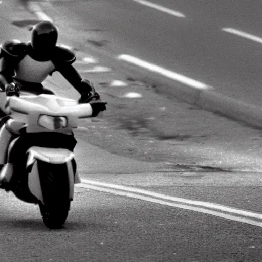 Prompt: Film still of 'Robot Future 2050' (1990). Motorcycle chase scene. Sigma 85mm f/1.4