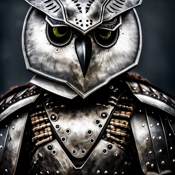 Image similar to photo of a warrior with metal owl theme armour, 4 k, hdr, smooth, sharp focus, high resolution, award - winning photo