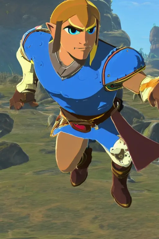 Prompt: in game footage of the character captain falcon in the legend of zelda breath of the wild, breath of the wild art style.