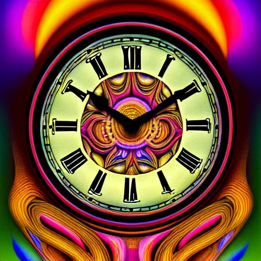 Image similar to An extremely psychedelic portrait of a clock, surreal, LSD, face, detailed, intricate, elegant, lithe, highly detailed, digital painting, artstation, concept art, smooth, sharp focus, illustration