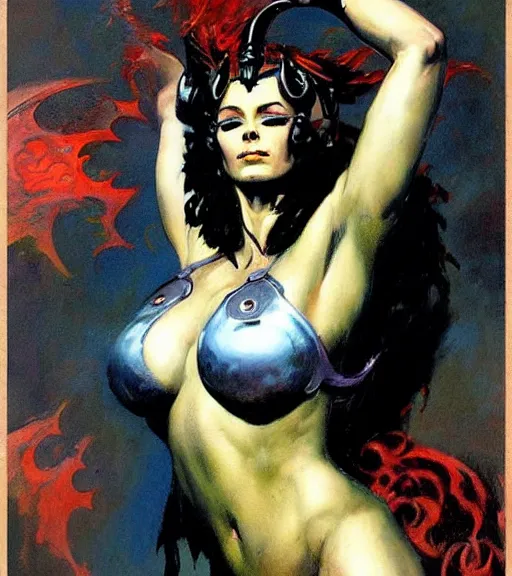 Image similar to portrait of strong female chaos angel, beautiful! coherent! by frank frazetta, by brom, strong line, deep color, spiked metal armor, maximalist