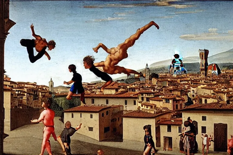 Image similar to kids doing parkour on the roofs of Florence by Tiziano Vecellio, renaissance style