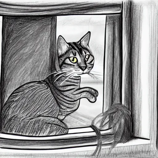 Image similar to a tabby cat named clarence laying on a table looking out the window, it is a sunny day, in the style of a hand drawn pencil sketch