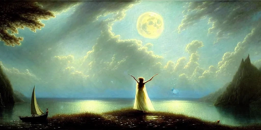 Prompt: an elegant fairy queen in a blue lace dress dancing looking out at a lord of the rings scenery landscape, staring across the sea at a white timber sail boat, evening, highly detailed, vivid colour, soft clouds, full moon, cinematic lighting, perfect composition, gustave dore, derek zabrocki, greg rutkowski, belsinski