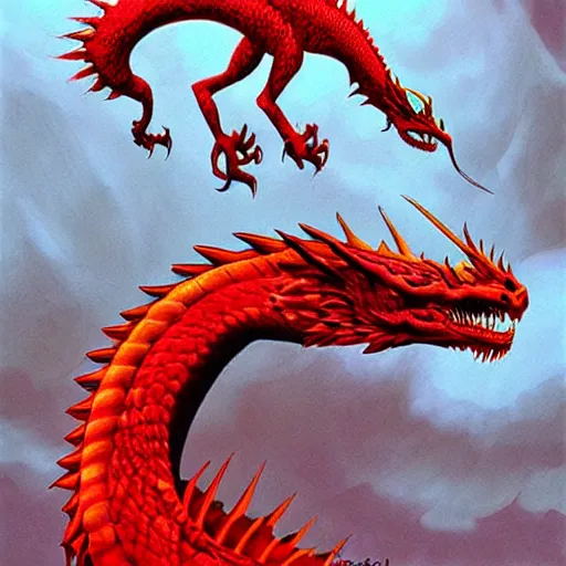 Prompt: grimez painting a realistic red dragon, china, vogue, digital art, hyperrealistic