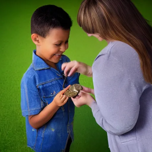 Image similar to a child exchanging a ticket for a coin from an adult, photorealistic