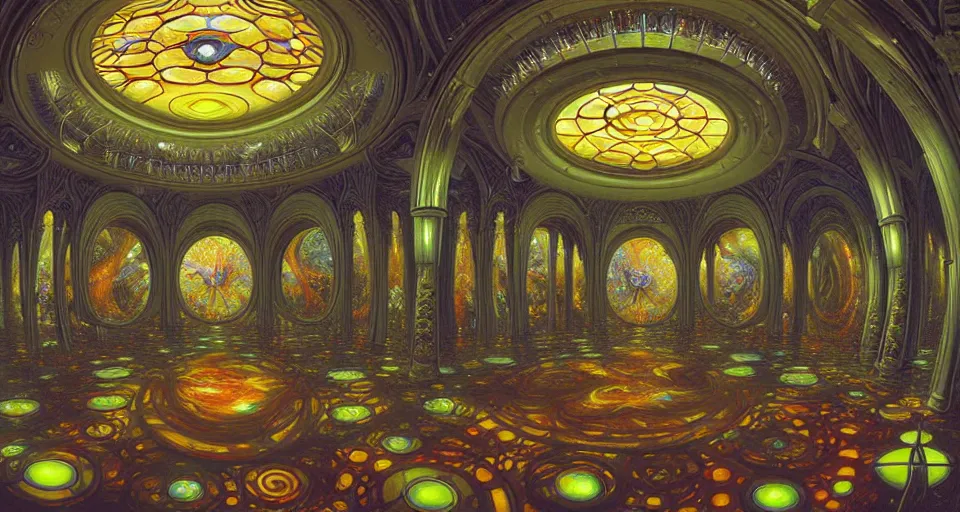 Prompt: fish eye lens, twirl minimalist 3 d fractal oil painting by donato giancola, warm coloured, scifi bioluminescent luxurious futuristic smokey victorian garden circular cathedral interior with microscopy minimalist stained glass flowers growing out of pretty bulbous ceramic fountains, gigantic pillars and flowers, maschinen krieger, beeple, star trek, star wars