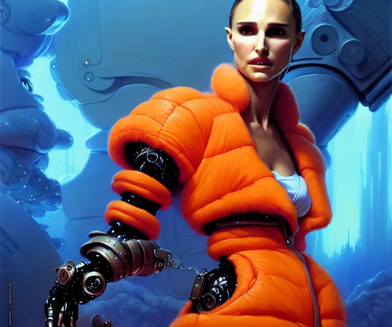 Image similar to beautiful fantasy character portrait, natalie portman, wearing orange puffy bomber jacket with white fur, seductive reclining pose, futuristic robots, ultra realistic, dramatic lighting, robots, the fifth element artifacts, highly detailed by peter mohrbacher, hajime sorayama, wayne barlowe, boris vallejo, aaron horkey, gaston bussiere, craig mullins