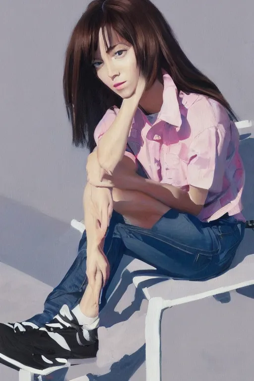 Prompt: A ultradetailed beautiful panting of a stylish woman looking at the camera, she is wearing streetwear, she is sitting on a chair, bright sunny day, Oil painting, by Ilya Kuvshinov, Greg Rutkowski and Makoto Shinkai