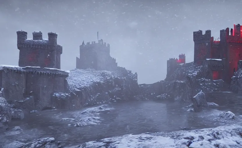 Image similar to Red Castle in Game of Thrones besides the sea in the snowstorm at night, doomy, Unreal Engine, cinematic photography, highly-detailed, games of thrones, HBO, high resolution, 8k, photorealistic, stunning volumetric lighting