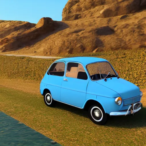 Prompt: Old FIAT 600 Classic Car flying over Alt Empordà, unreal engine 8k