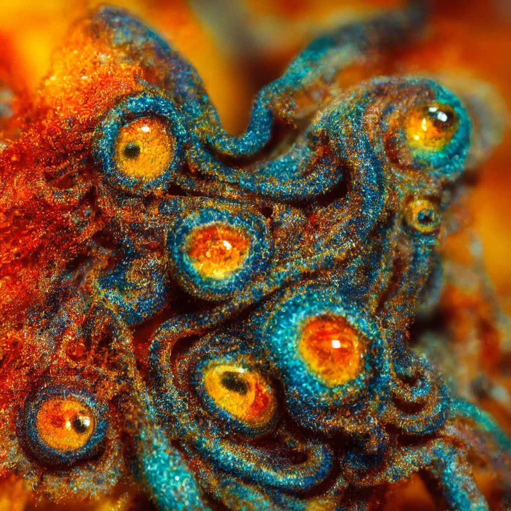 Image similar to fiery whimsical emotional eyes cephalopod, in a photorealistic macro photograph with shallow dof