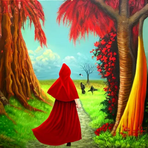 Prompt: oil painting of little red riding hood walking through a fantasy landscape filled with brugmansia suaveolens