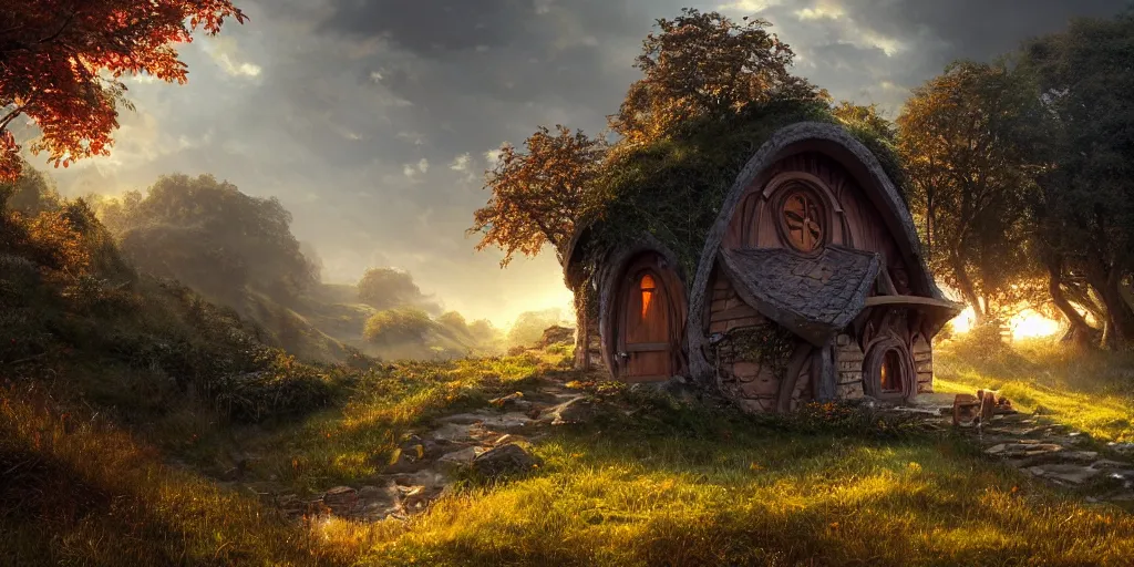 Prompt: a hobbit house in a grass field hill, greg rutkowski, zabrocki, moebius, karlkka, jayison devadas, highly detailed, photorealism, sharp details, autumn sunlights, smoky atmosphere, ( ray of sunlight ), 8 k, ultra wide angle