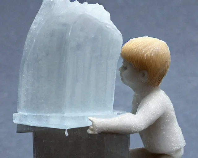 Image similar to ice sculpture. there is a little blonde boy trapped in the figurine made of ice. antartica