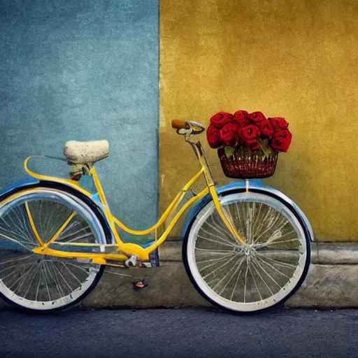 Image similar to a beautiful stunning fantasy digital matte painting of a vintage yellow Schwinn bicycle with a basket of red roses on the front propped up against a blue wall, docu-style photography painted in the style of Grzegorz greg rutkowski, nostalgic heart-warming, trending on artstation hq