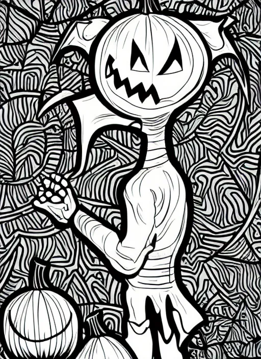 Image similar to an alien with an evil looking pumpkin head, spooky halloween theme, illustration line art style