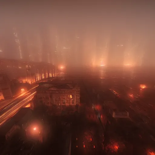 Prompt: a city hewn from meat and bones, night time, foggy, eerie lighting, 4k, unreal engine, artstation, photorealistic