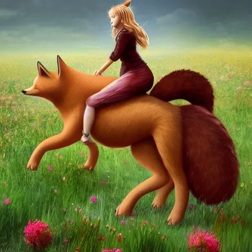 Image similar to girl riding a giant fox in a field of flowers, trending on artstation