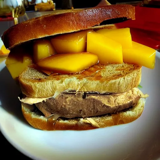 Prompt: foie gras sandwich with mango covered with huge amount of honey, bad, grainy and blurry amateur photo