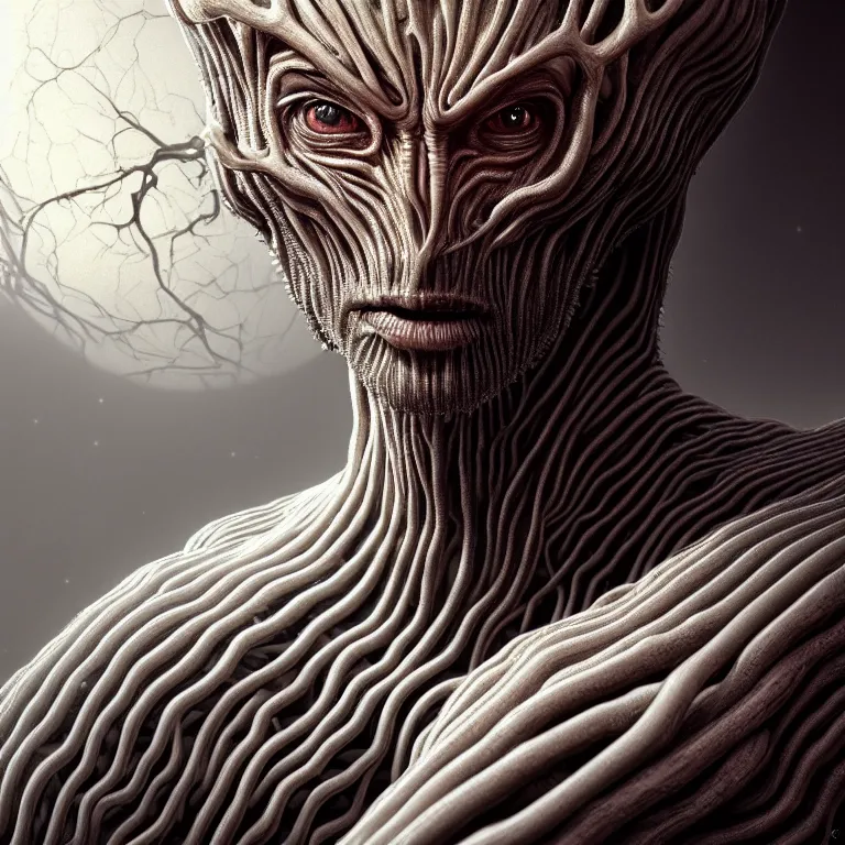 Image similar to portrait of transparent alien man with ribbed body, covered with twisted ribbed crooked antlers in wastelands on white exoplanet, baroque portrait painting, beautiful intricate insanely detailed octane render, artstation, 8 k artistic photography, photorealistic, volumetric perfect light, chiaroscuro, raphael, caravaggio, beksinski, rutkowski, giger