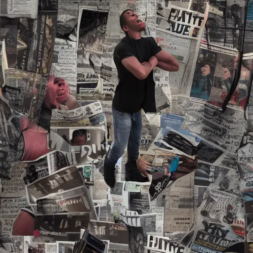 Prompt: a professional photographic collage made of ripped magazines of a young angry man furious in the middle of street, high definition, highly detailed, photo-realistic, unreal engine render, 16k