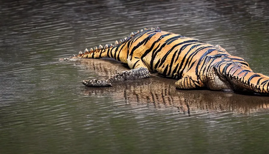 Prompt: an alligator tiger!!! hybrid! hyper realistic!! realistic lighting!! wildlife photographer of the year!!! bold natural colors, national geographic, hd, wide angle, 8 k