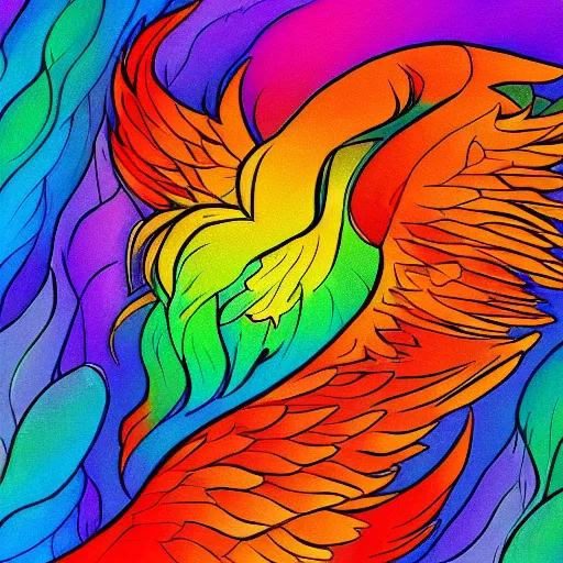 Prompt: artwork of a rainbow coulored phoenix, highly detailed, artstation, smooth illustration