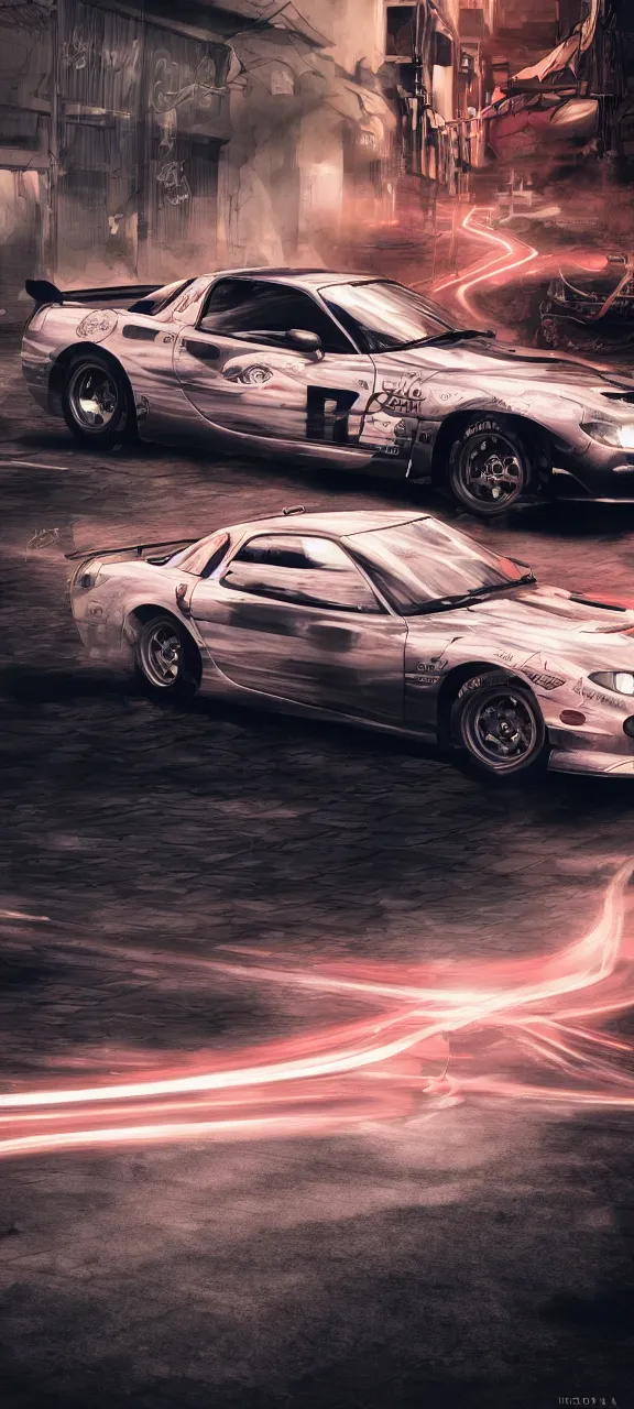 Image similar to anime screenshot of jdm mazda rx - 7 drifting on wall maria, illustration, cinematic, long exposure, 4 k, spotlight