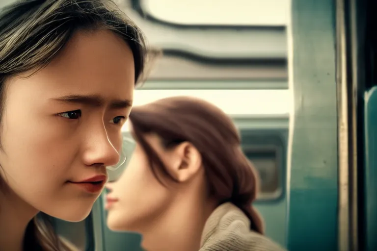 Image similar to vfx film closeup couple in a train station flat color profile low - key lighting award winning photography arri alexa cinematography, cinematic beautiful natural skin, famous face, atmospheric cool color - grade