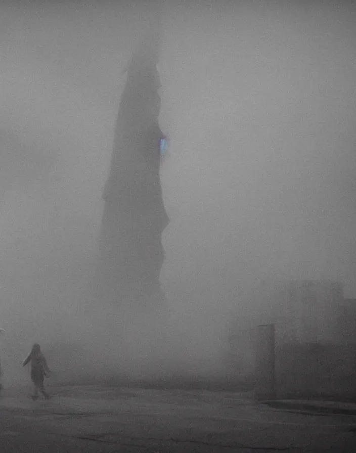 Image similar to very low - resolution found footage of a couple escaping in the city from a starfish kaiju monster, fog, foggy, korean film noir, monochrome, red hue, thriller, underdeveloped, epic, dramatic