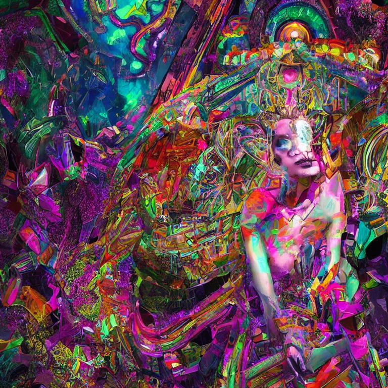 Prompt: hyper-maximalist overdetailed cinematic 70% portrait 30% abstract geometric collage pesudofigurative digital illustration by archan nair inspired by heidi taillefer. Dramatic lights. Psychedelic visionary artwork. Zenith view. Seen from below. 3d render