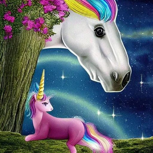 Image similar to dream : a fabulous landscape, a magical unicorn. a boy is sitting astride him. a cat is lying