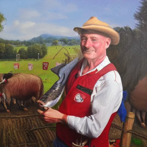 Image similar to a proud englishman farmer showing off his prized blue ribbon hog at the county fair, oil painting