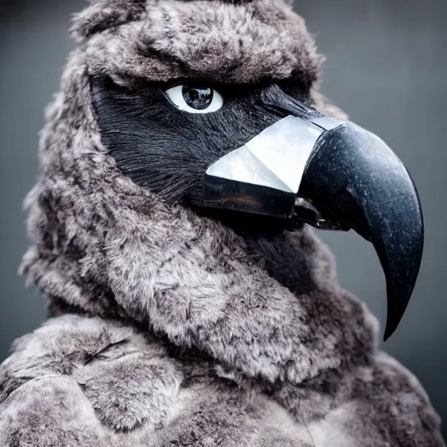 Image similar to a person wearing a fursuit of a crow fursona, fursona, furry convention, photograph, furry fandom, photorealistic,