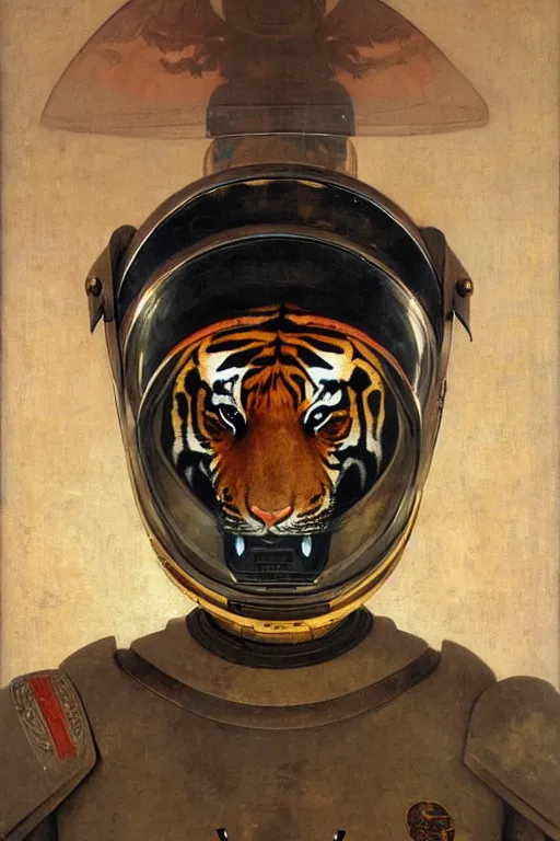 Image similar to portrait of a tiger astronaut with chinese dragon armor and helmet, majestic, solemn, by bouguereau