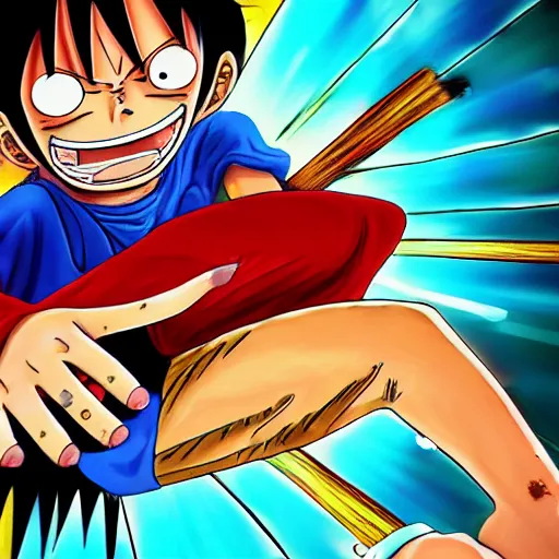 Image similar to monkey d luffy from one piece fighting kaidou, 4 k hd, over saturation, bright colours