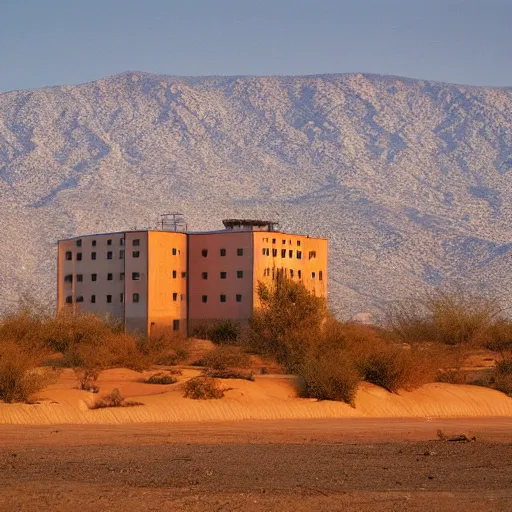 Image similar to Photograph of a generic soviet communist residential block standing lonely in a desert, dawn