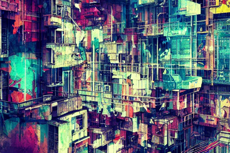 Image similar to architecture collage by atelier olschinsky, cyberpunk, (high contrast), ((oversaturated)), grafitti paint, bokeh, dof