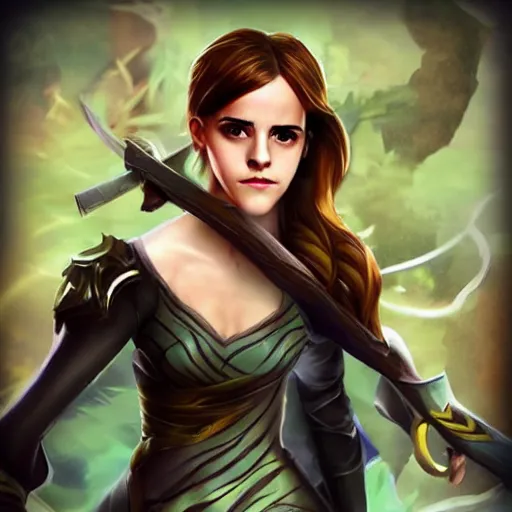 Prompt: Emma Watson in the style of the game League of Legends, with a background based on the game League of Legends, detailed face, old 3d graphics