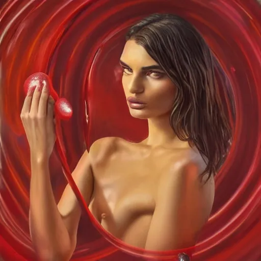 Prompt: Emily Ratajkowski model with beautiful face and full physically accurate body laying in a blood red pool of water between a bright golden glowing mirror frame, outside is space and inside the mirror frame is a beautiful landscape. Hyperrealistic surreal 4K IMAX Rene Margritte, intricate, elegant, highly detailed, digital painting, artstation, concept art, smooth, sharp focus, illustration, art by artgerm, Francis bacon, HR Giger and greg rutkowski and alphonse mucha