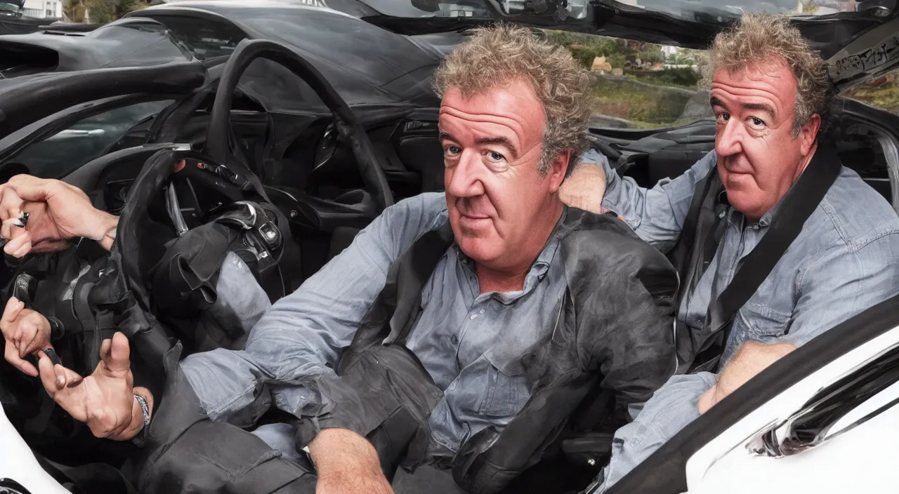 Prompt: a photo of jeremy clarkson in a car he doesn't like, high detail, high definition, 8k, photorealistic,