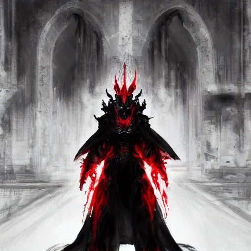 Prompt: a sketch of a humanoid red eyes black dragon, wearing a white mage robe, by melmoth zdzislaw belsinki craig mullins yoji shinkawa, red light, vrealistic render, anime, paint smears digital art, realistic anime, dramatic lighting, red light, red highlights, d & d design