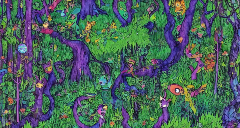 Image similar to A dense and dark enchanted forest with a swamp, by Lisa Frank,