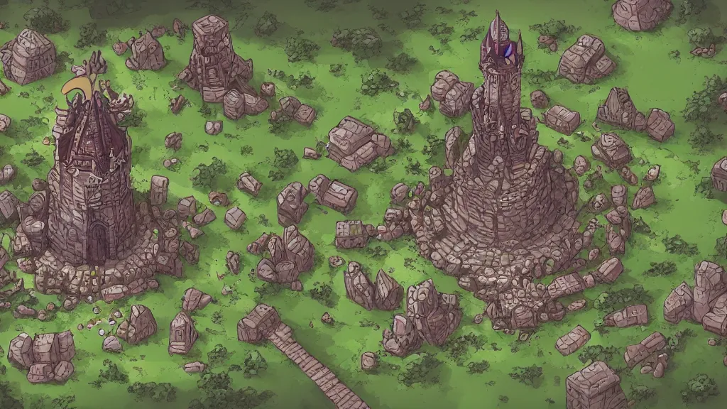 Prompt: aerial view of a wizard tower that's surrounded by resources, lineart from a resource gathering game