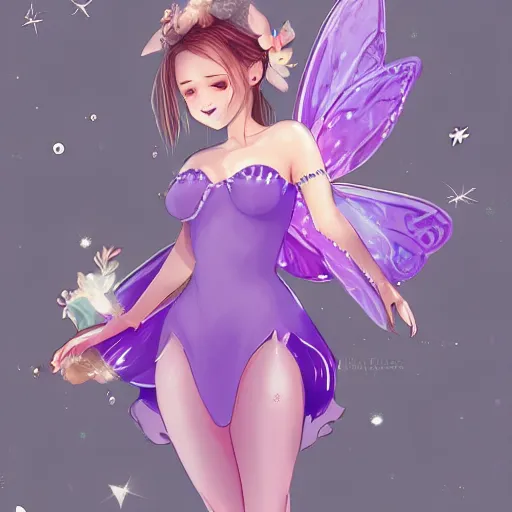 Prompt: very very very beautiful tiny fairy woman in her 20s with fairy wings wearing skintight purple dress, making eye contact, smiling, flirty, perfect body, perfect face, drawn by WLOP