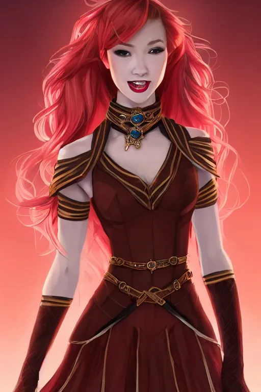 Image similar to a full body portrait of a gorgeous female ranger, looking at camera, D&D, choker on neck, stylish dress, very long flowing red hair, intricate, elegant, stylish, cute slightly nerdy smile, mouth slightly open, fantasy, extremely detailed, digital painting, artstation, concept art, smooth, sharp focus, illustration, stunning lighting, art by artgerm and greg rutkowski and alphonse mucha and simon stalenhag