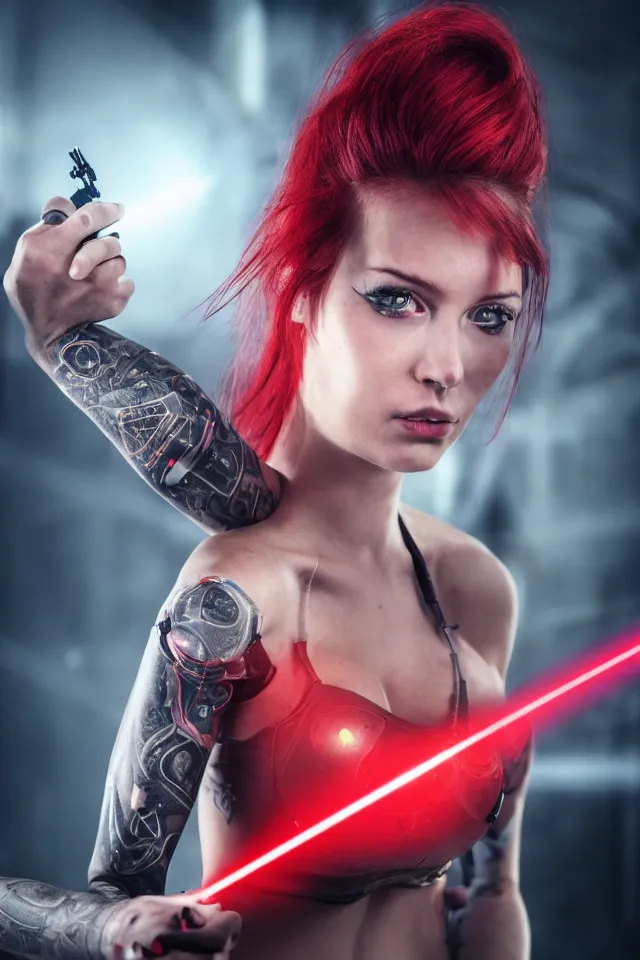 Image similar to Hot young woman with grey skin, red hair, tattoos, wearing cyborg components and holding advanced laser sword , hyperrealistic, photorealistic, HDR, volumetric lighting, bokeh